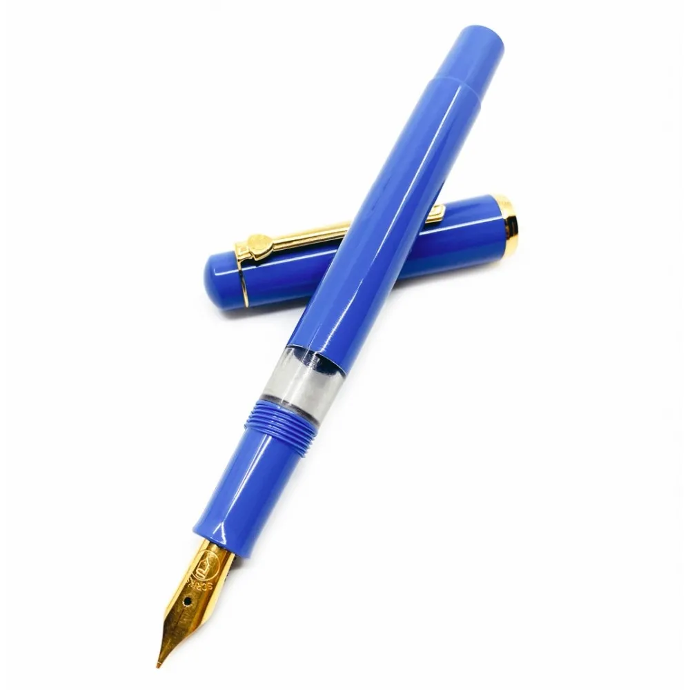 Scrikss 23K Gold Plated Medium Nib Fountain Ink Pen Piston Filling Glossy Blue Acrylic Resin Body 419 Series Inkpen with Screw Cap