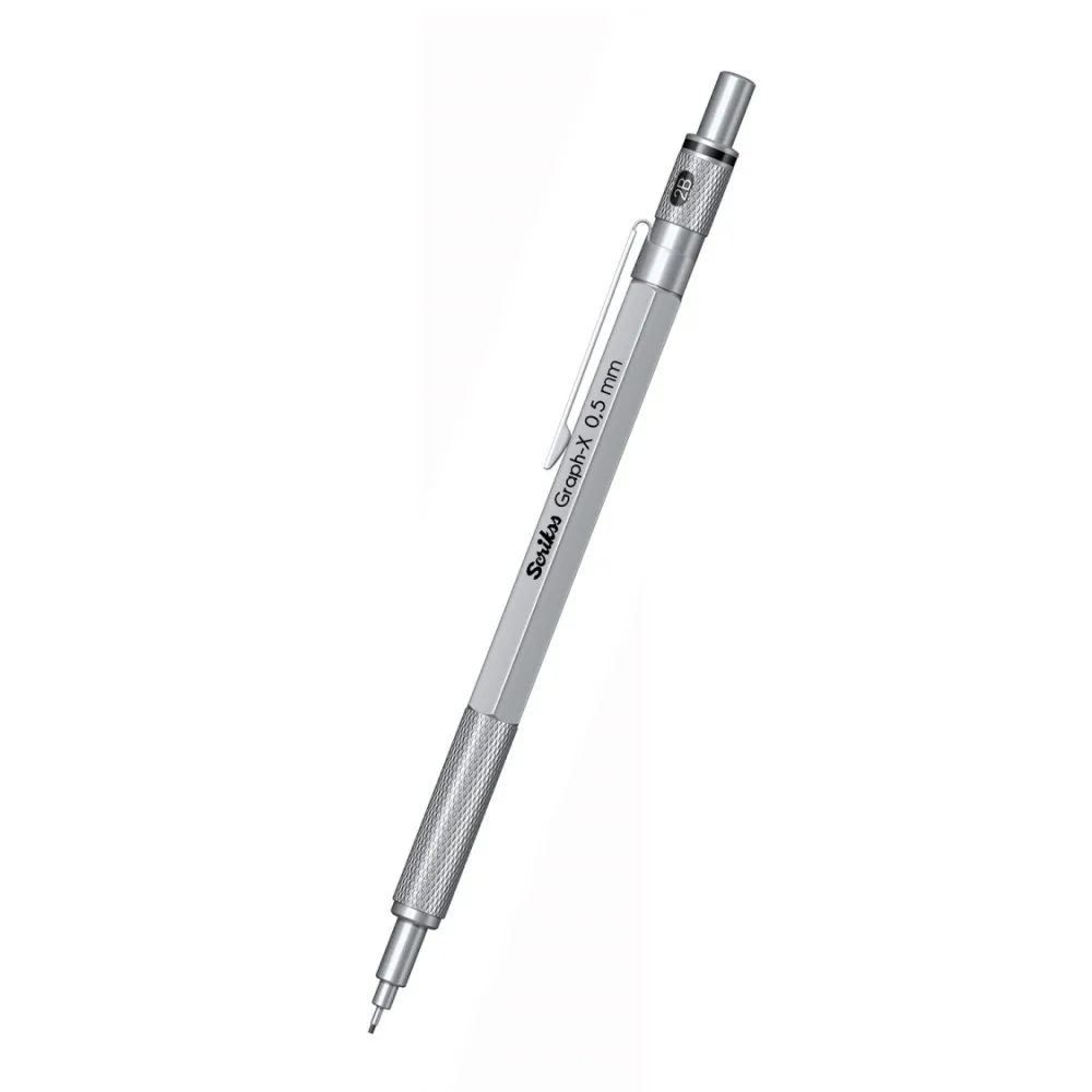 Scrikss 0.5mm Mechanical Clutch Lead Pen Pencil Satin Chrome Brass Body Push Mechanism Graph-X Series Eraser Included