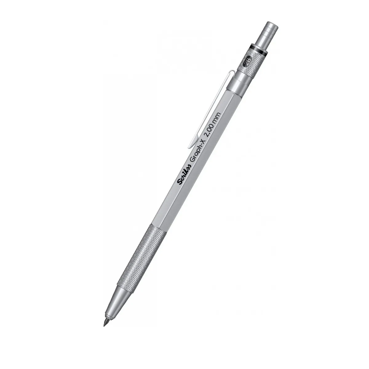 Scrikss 2.0mm Mechanical Clutch Lead Pen Pencil Satin Chrome Brass Body Push Mechanism Graph-X Series Mini Removable Sharpener
