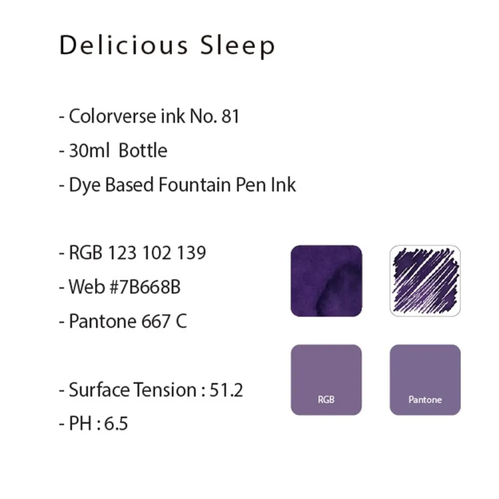 Colorverse 30ml Fountain Pen Ink Bottle - Purple Ink - Delicious Sleep - Joy In The Ordinary Series Dye Based, Water Resistant, Non Toxic, Made In Korea