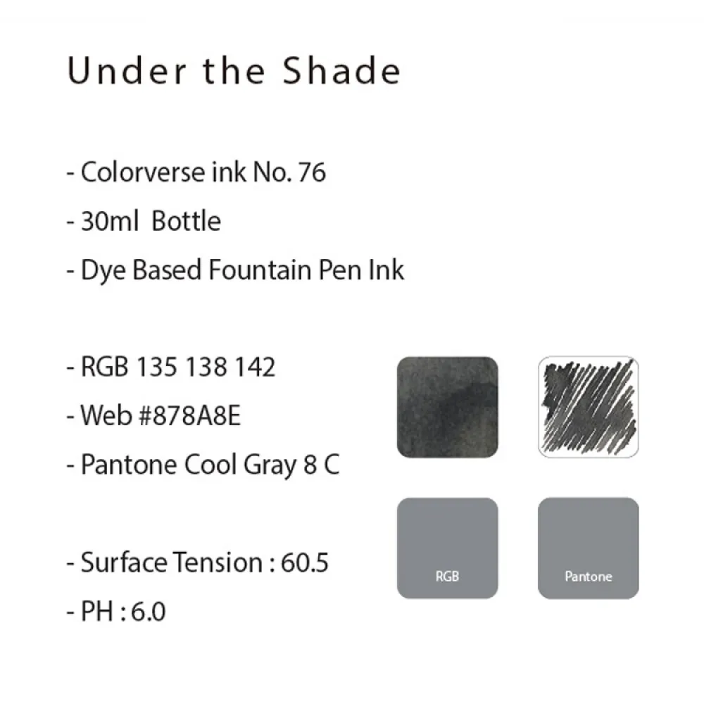Colorverse 30ml Gray Ink - Fountain Pen Ink Bottle - Under The Shade - Joy In The Ordinary Series Dye Based, Water Resistant, Non Toxic, Made In Korea