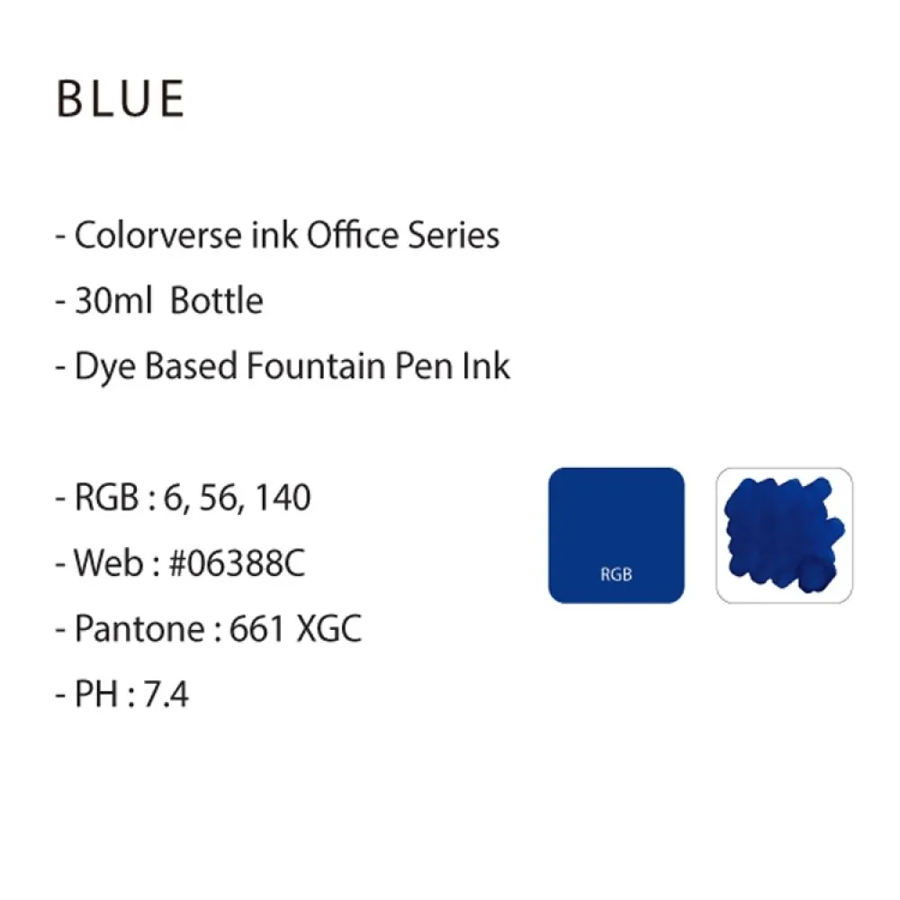 Colorverse 30ml Office Series Blue Fountain Pen Ink, Classic Bottle, Dye Based Non-toxic, Made In Korea