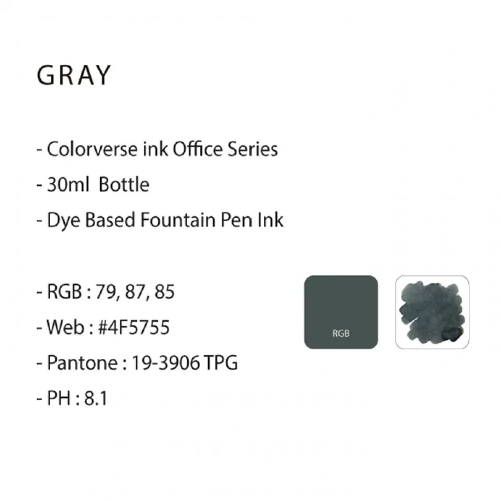 Colorverse 30ml Office Series Gray Fountain Pen Ink, Classic Bottle Dye Based Nontoxic, Made In Korea