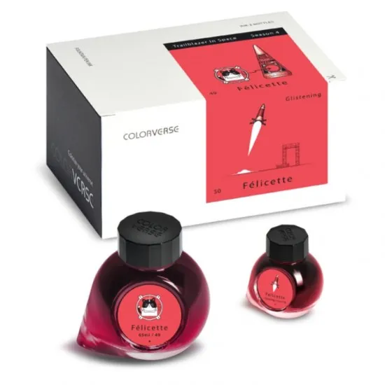 Colorverse Felicette - Red Without Shimmer - With Shimmer - Fountain Pen Ink 49 - 50 Trailblazer In Space Series, Season 4, 65ml - 15ml - 2 Bottle Set, Dye-Based, Nontoxic, Made In Korea