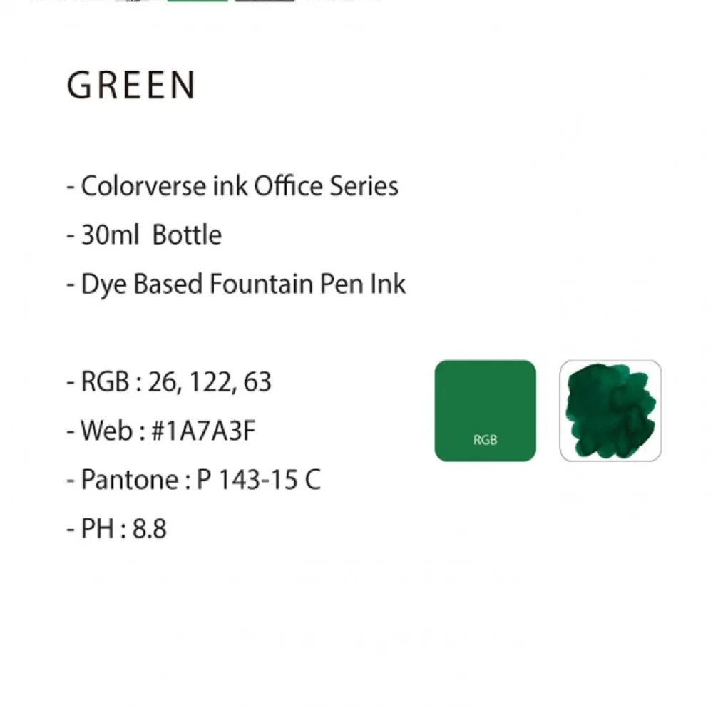 Colorverse Green 30ml Office Series Fountain Pen Ink, Classic Bottle Dye Based Nontoxic, Made In Korea
