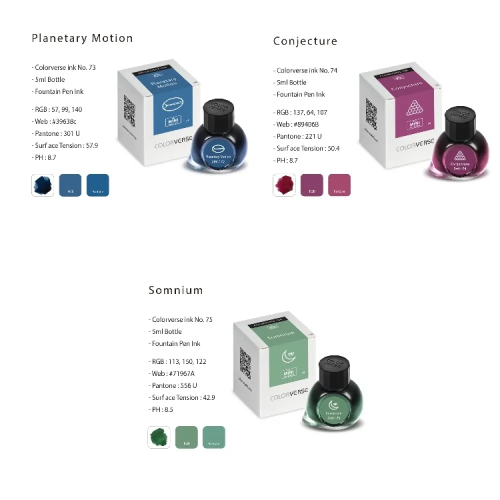 Colorverse Mini Collection Johannes Kepler Special Edition Planetary Motion, Conjecture, Somnium Fountain Pen Ink Under The Shade Of Blue, Purple, Green Ink 5ml Classic Bottle Dye Based Nontoxic.