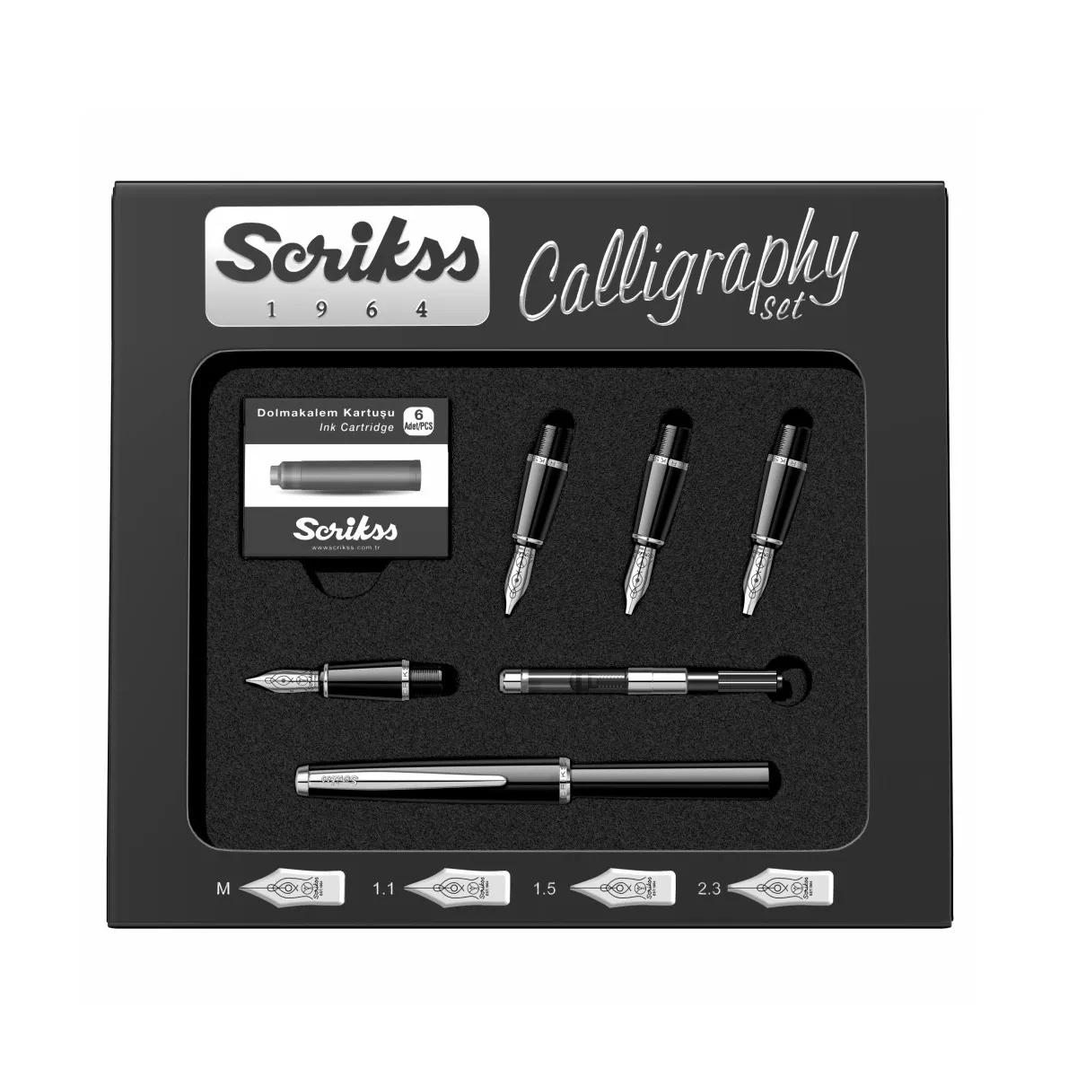 Scrikss Black Calligraphy Pen Set With Medium, 1.1mm, 1.5mm, 2.3mm Nib