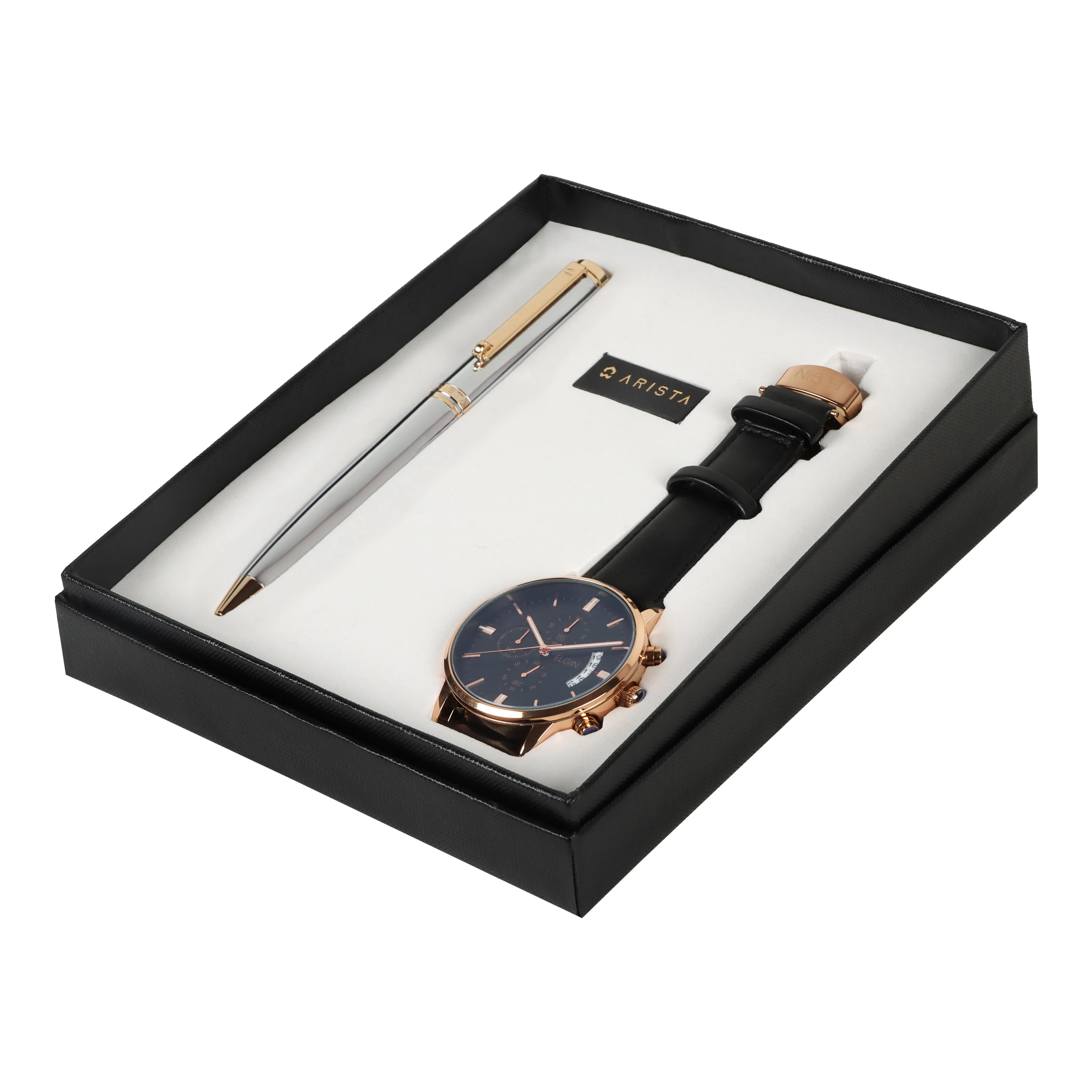 ARISTA Switch Ballpoint Pen | Chrome | 24 CT Gold Plated Trim | With Elgin Watch