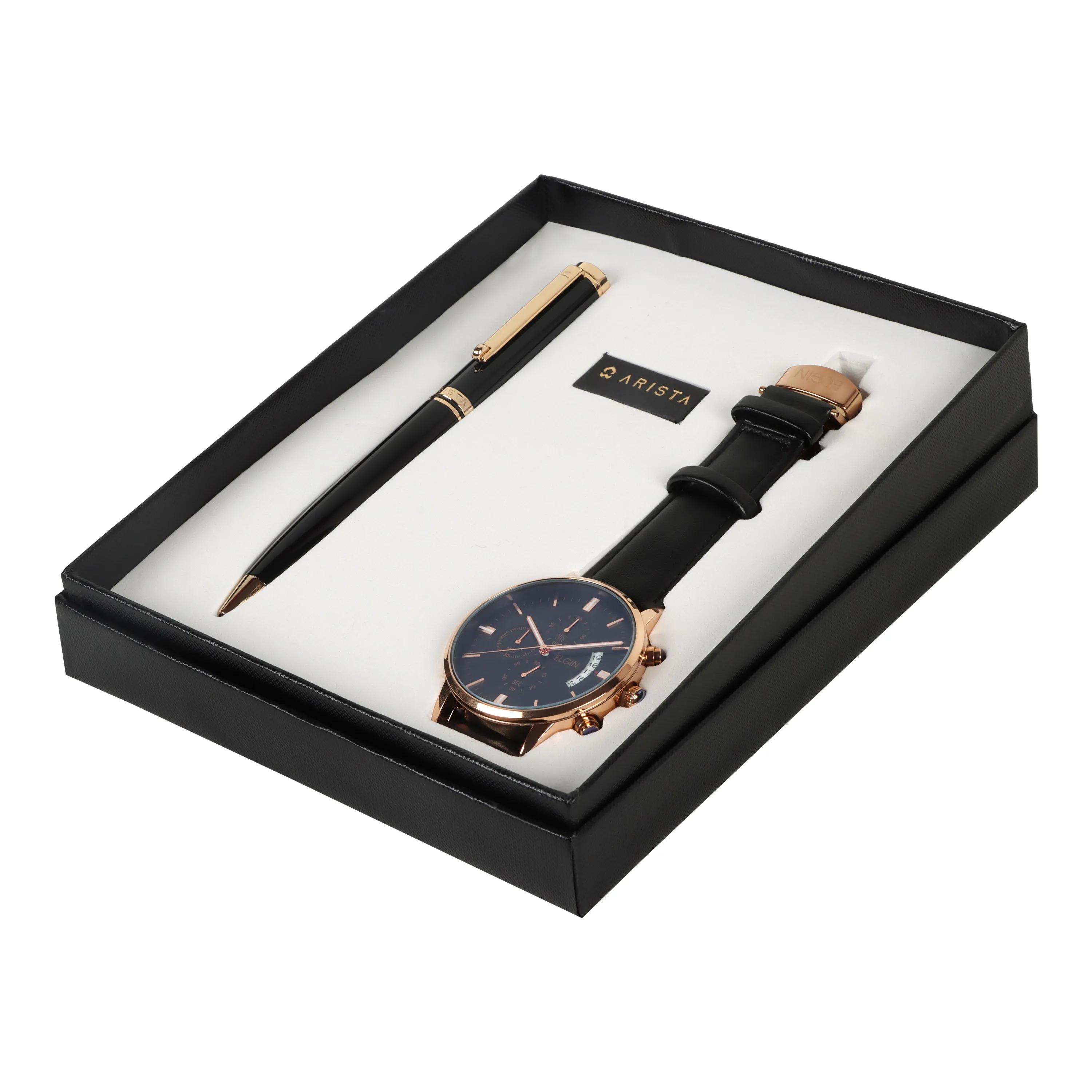 ARISTA Switch Ballpoint Pen | Black Barrel | 24 CT Gold Plated Trim || With Elgin Watch