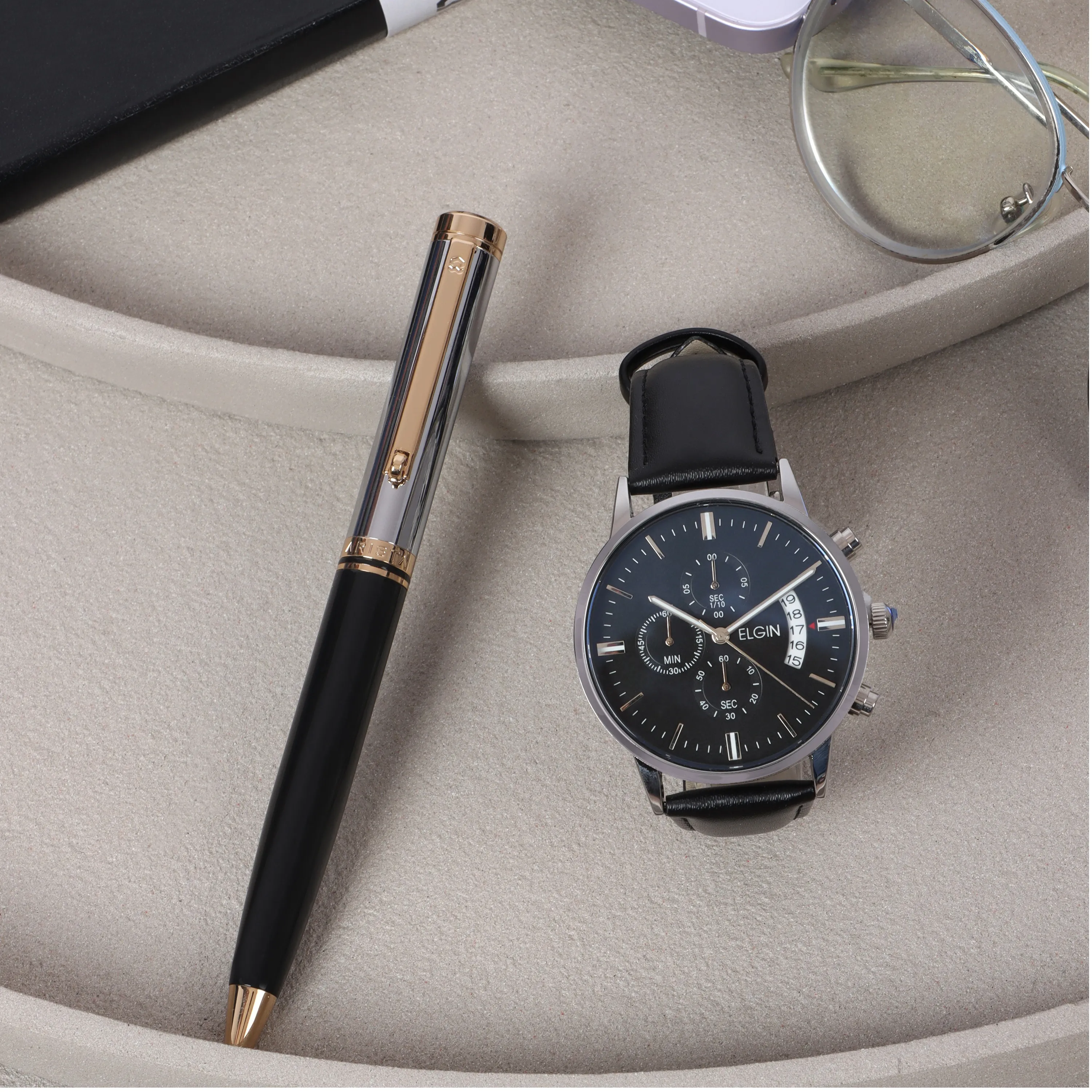ARISTA Switch Ballpoint Pen | Black Barrel | Chrome Cap | 24 CT Gold Plated Trim | With Elgin Watch