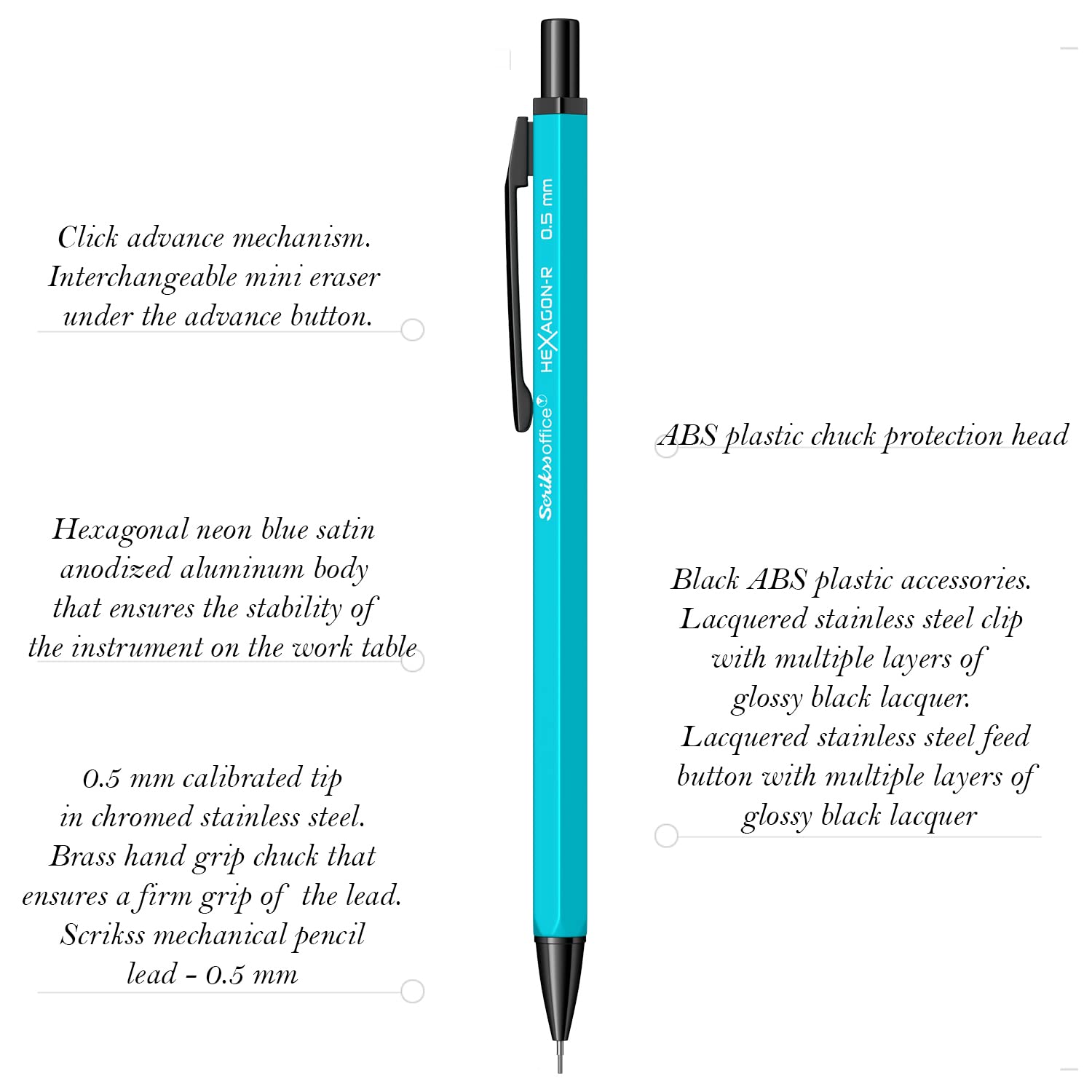 Scrikss 0.5 Mm Cute Aesthetic Mechanical Clutch Lead Pen Pencil | For Drafting Sketching Drawing | Blue Penpencil | Hexagon-R