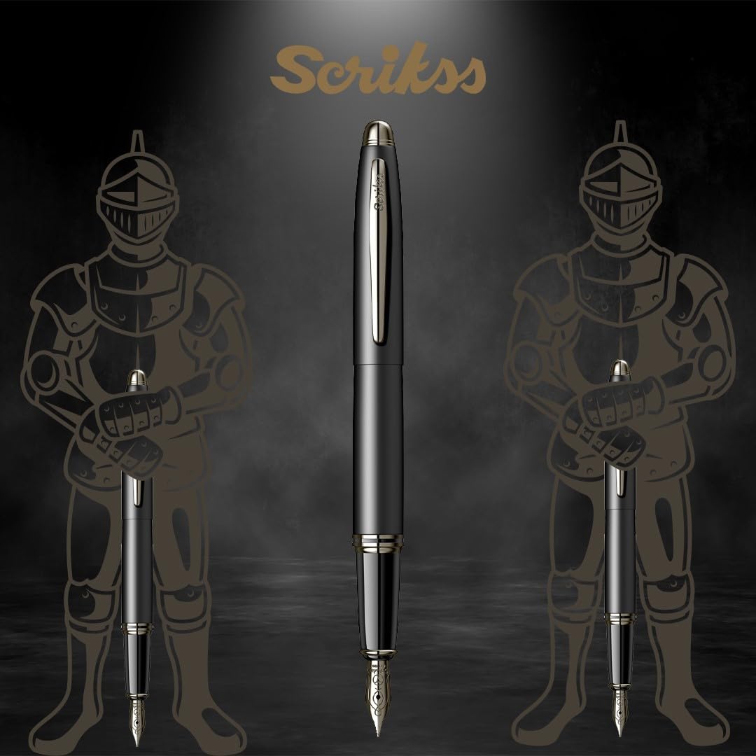 Scrikss Medium Nib Brass Metal Fountain Ink Pen With Converter Matt Black Plated Knight 88 Series Inkpen For Smooth Writing