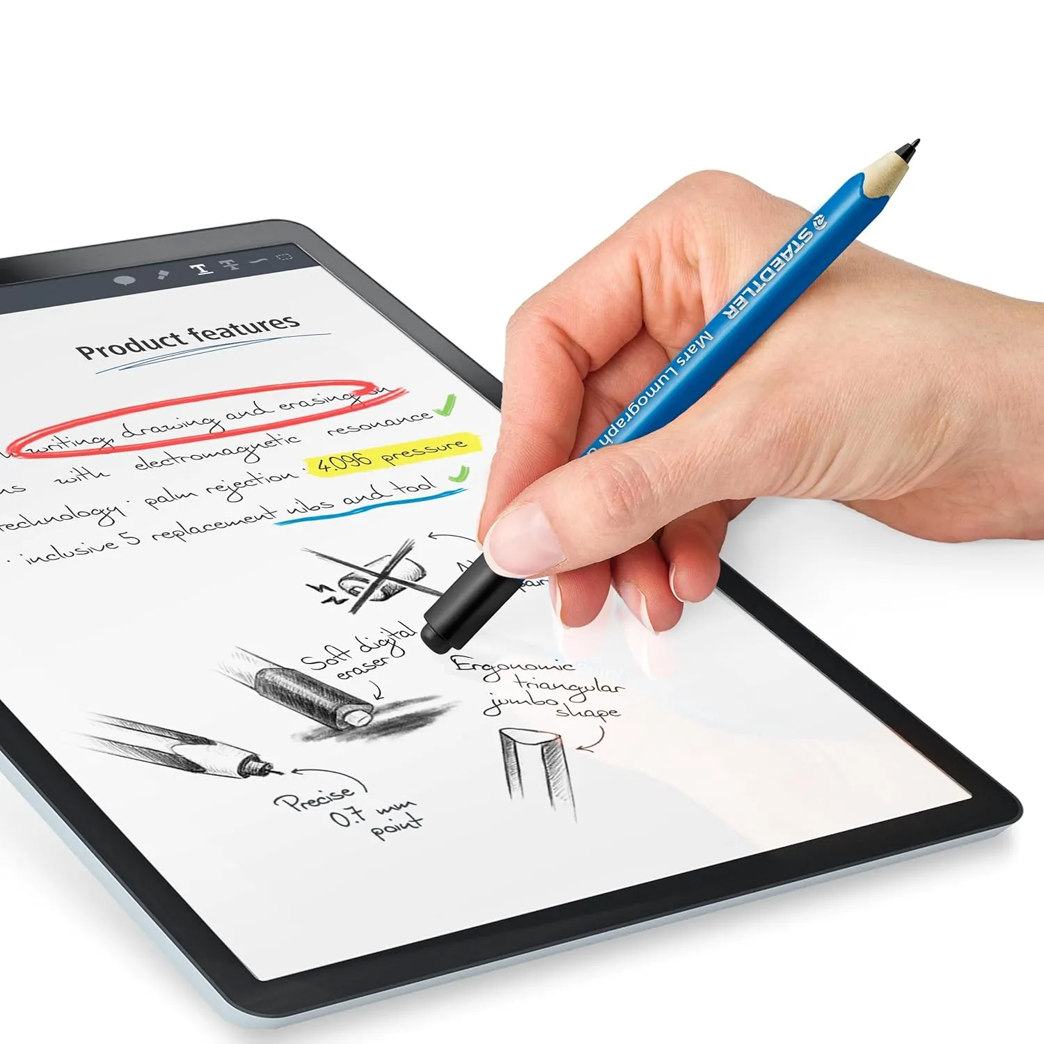 Staedtler Mars Digital Jumbo 180J 22nd EMR Stylus with Soft Digital Eraser. Stylus for Digital Writing, Drawing and Erasing on EMR Touch Screens (4,096 Pressure Levels, 0.7 mm Tip)