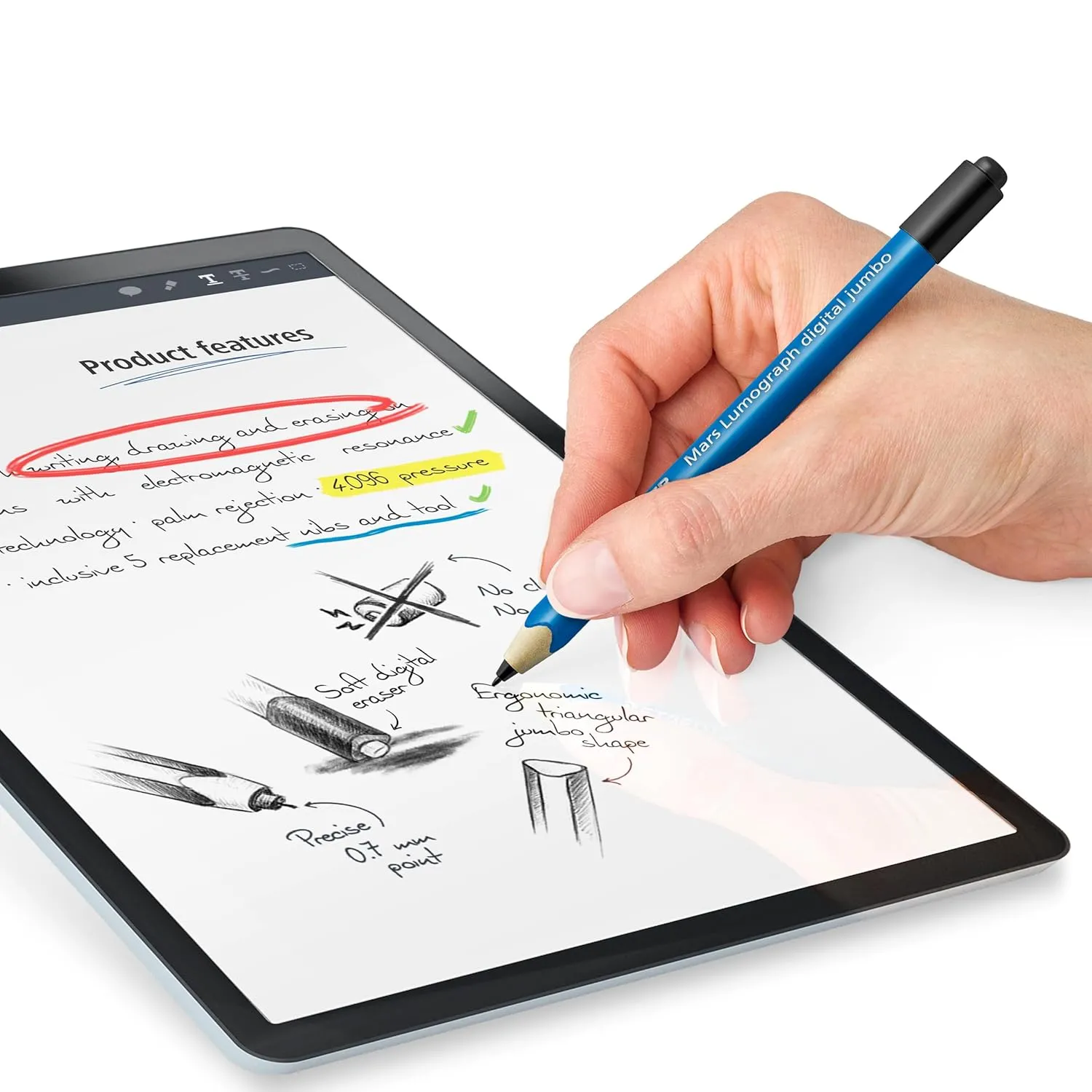 Staedtler Mars Digital Jumbo 180J 22nd EMR Stylus with Soft Digital Eraser. Stylus for Digital Writing, Drawing and Erasing on EMR Touch Screens (4,096 Pressure Levels, 0.7 mm Tip)