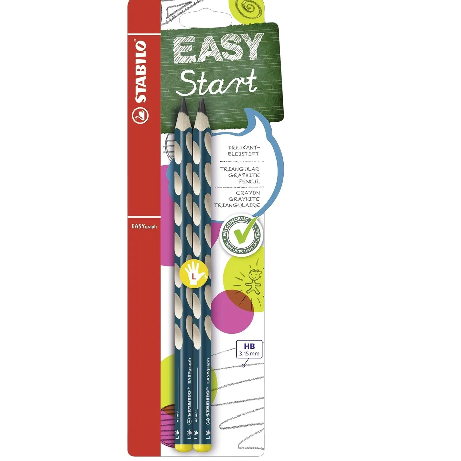 STABILO 3.15 mm HB Ergonomic Graphite Wooden Pencil | Left Handed | Easygraph | Pack of 2 | Petrol