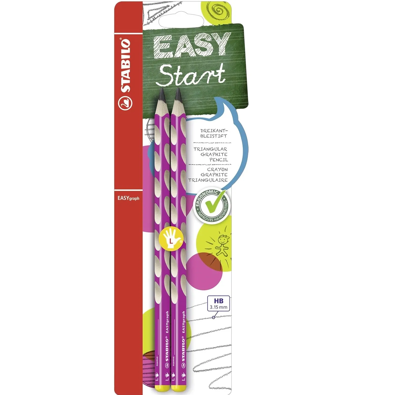 STABILO 3.15 mm HB Ergonomic Graphite Wooden Pencil | Left Handed | Easygraph | Pack of 2 | Pink