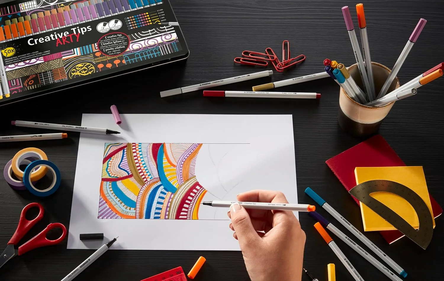 STABILO Creative Tips Multi Liner Set - Arty - 30 Metal Case - Pastel - in 6 Mixed Colours