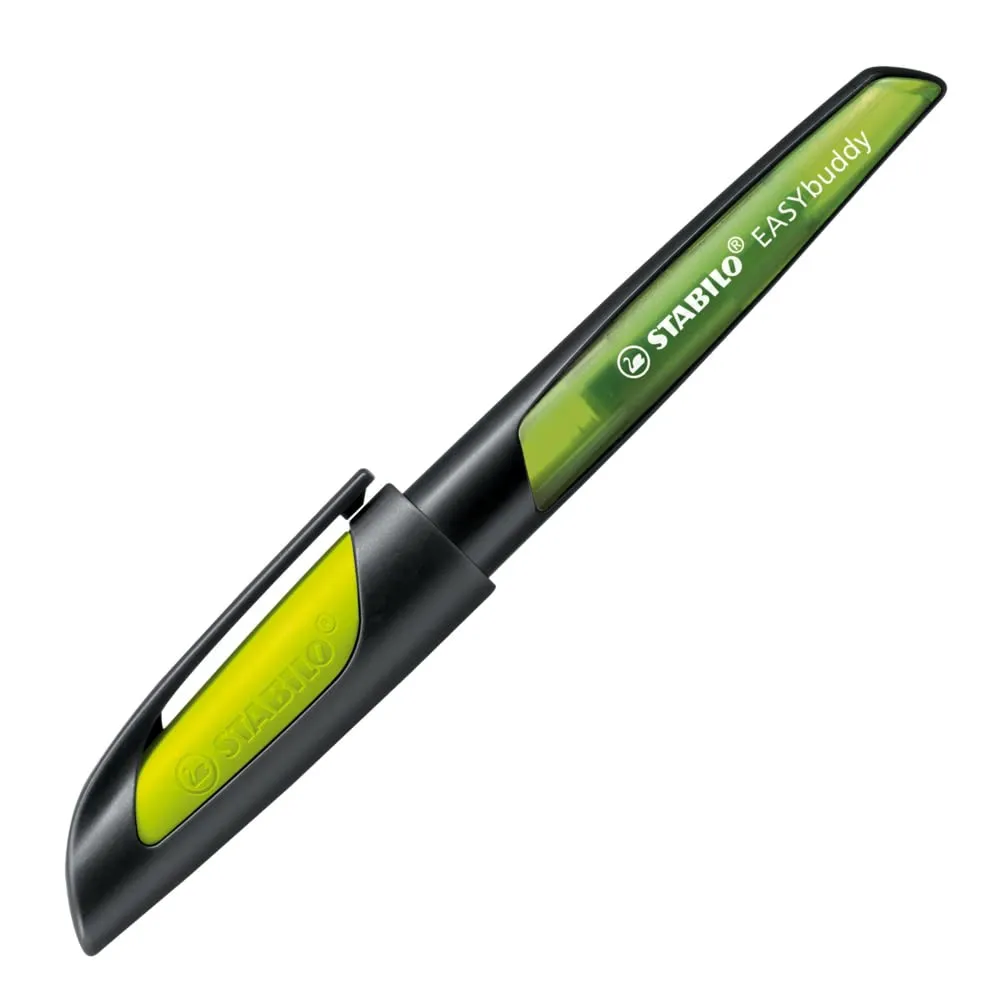 STABILO EASYbuddy - School Fountain Pen for Right-Handers, with erasable Blue Ink and Right Handed Medium Nib - Black/Lime
