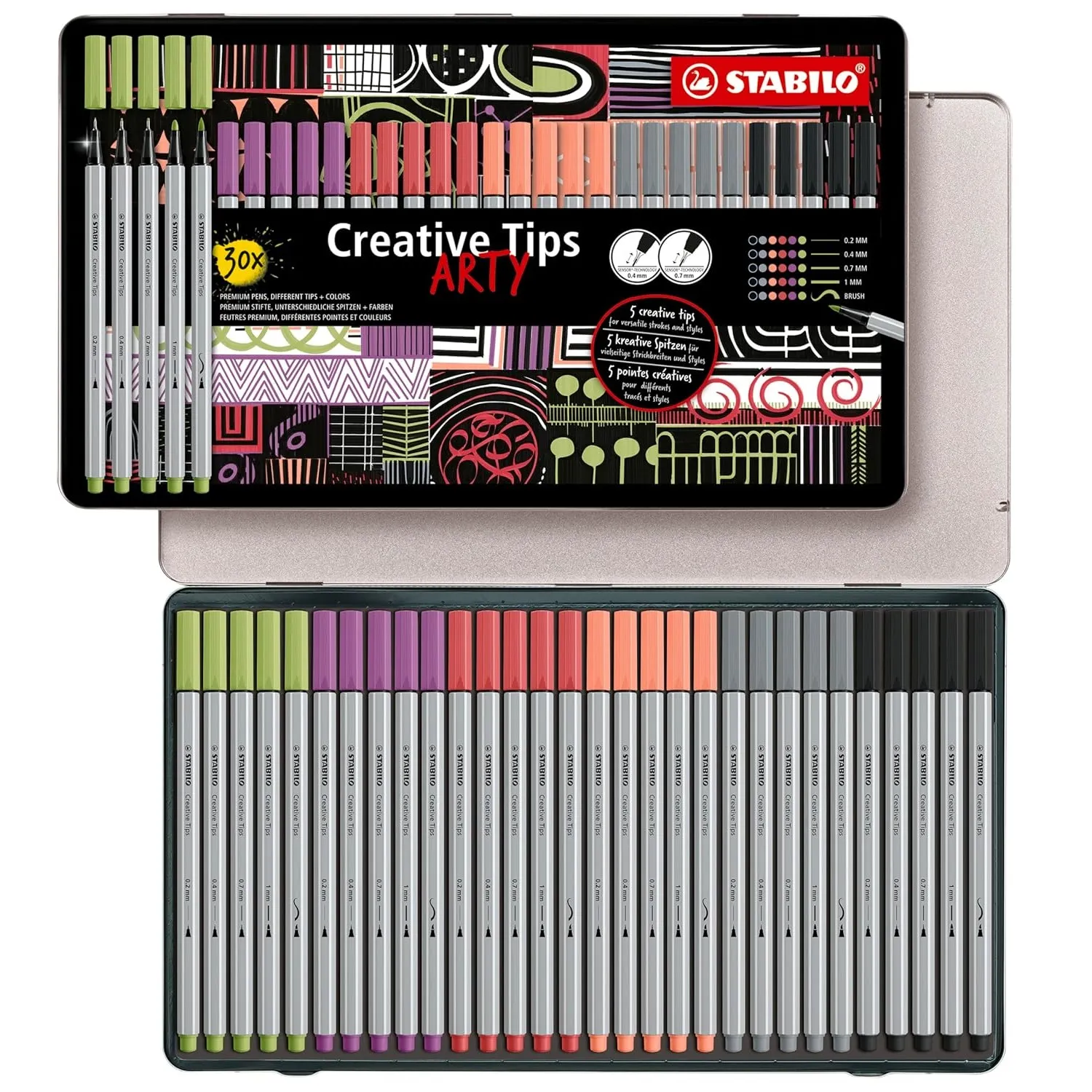 STABILO Creative Tips Multi Liner Set - Arty - 30 Metal Case - Pastel - in 6 Mixed Colours