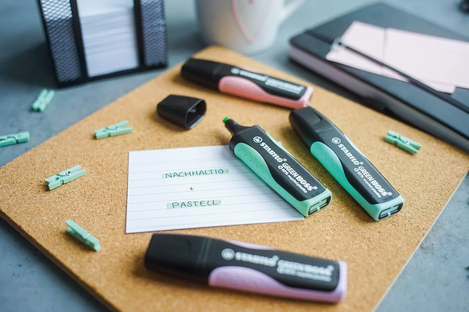 STABILO Eco-Friendly Highlighter Pen Pastel | Pack of 4 | Touch of Turquoise, Hint of Mint, Pink Blush, Lilac Haze | GREEN BOSS