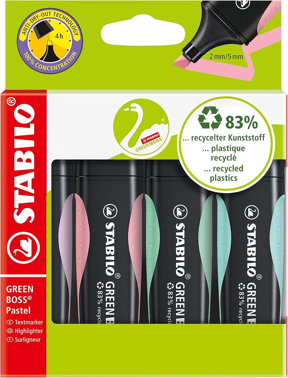 STABILO Eco-Friendly Highlighter Pen Pastel | Pack of 4 | Touch of Turquoise, Hint of Mint, Pink Blush, Lilac Haze | GREEN BOSS