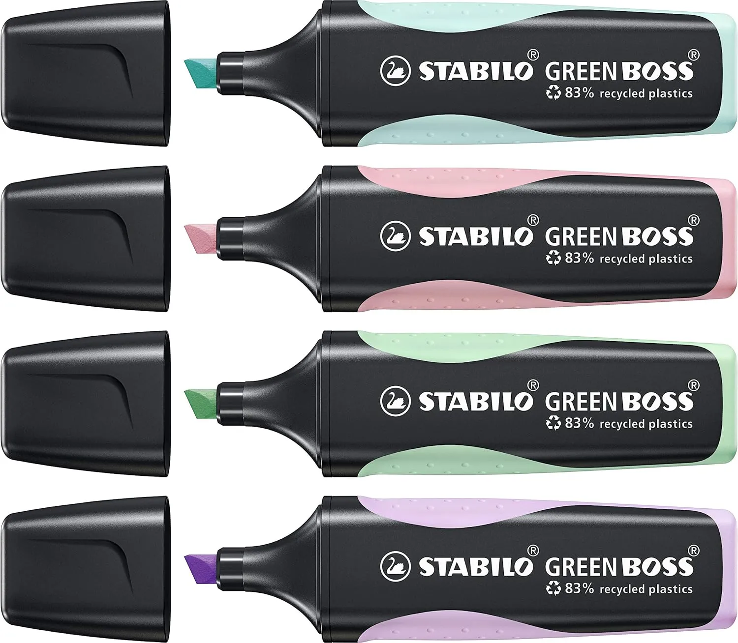 STABILO Eco-Friendly Highlighter Pen Pastel | Pack of 4 | Touch of Turquoise, Hint of Mint, Pink Blush, Lilac Haze | GREEN BOSS