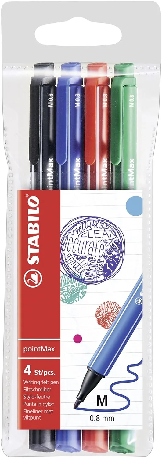 STABILO Fineliner pointMax - Pack of 4 - Black, Ultramarine, Carmine, Green