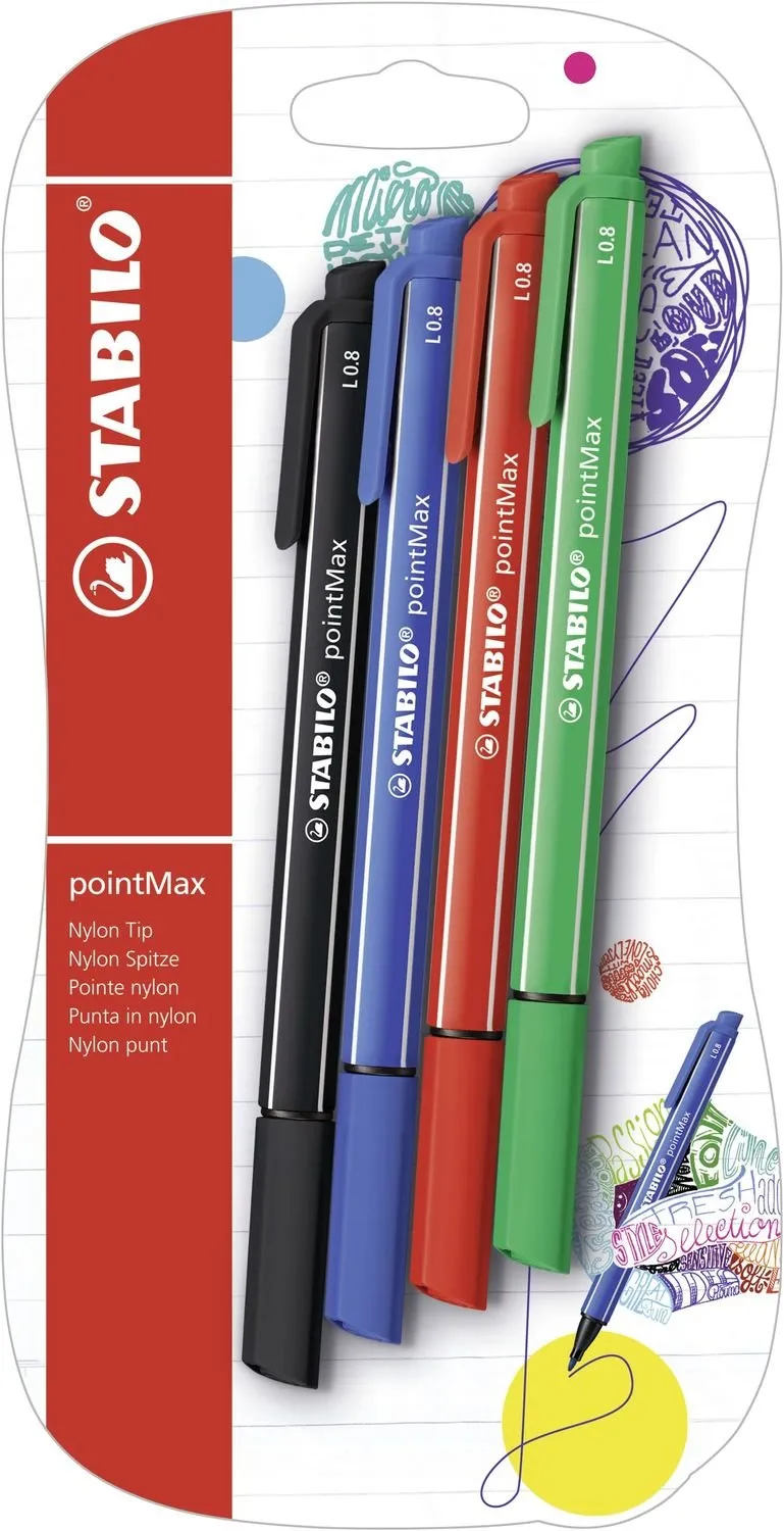 STABILO Fineliner pointMax - Pack of 4 - Ultramarine, Black, Carmine, Green