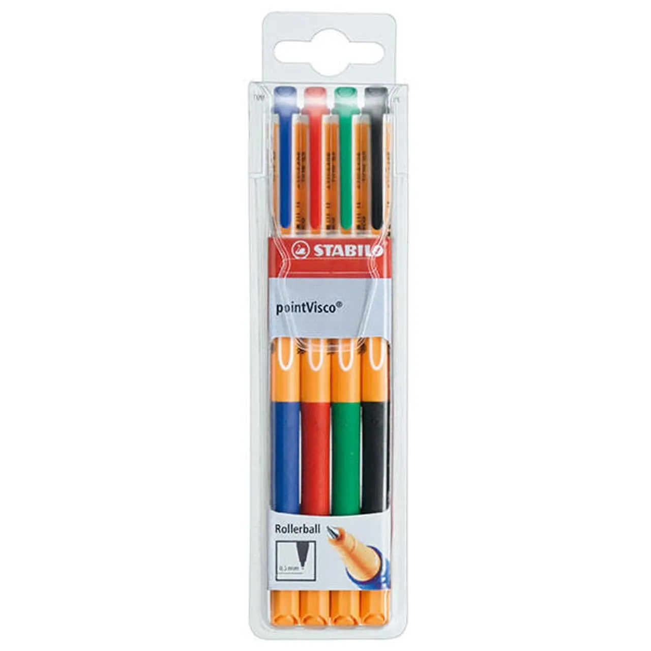 STABILO Gel Roller Ball Pen | Wallet of 4 | Blue Red Green Black | pointVisco