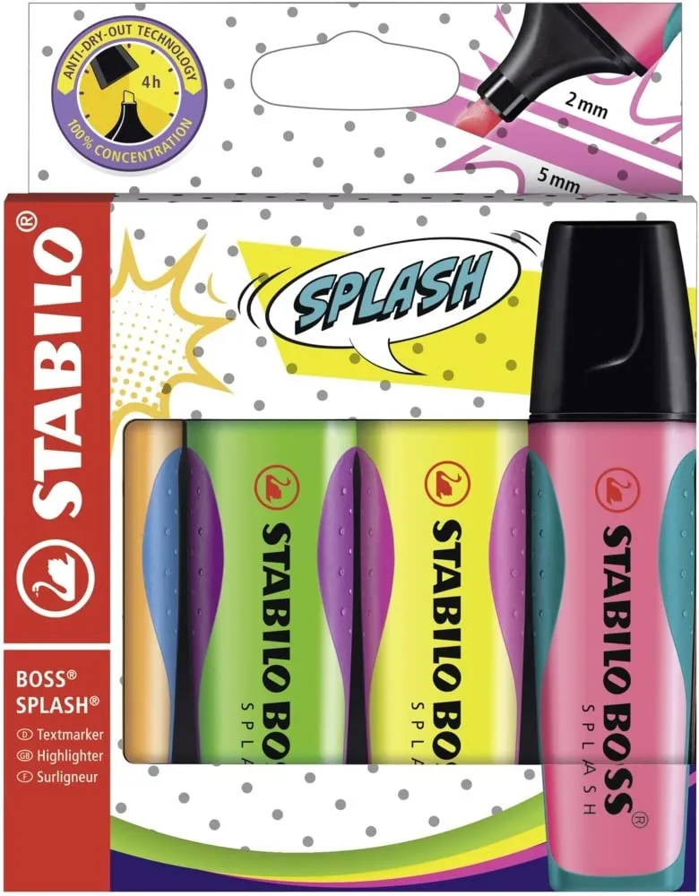 STABILO Highlighter BOSS SPLASH - Wallet of 4 - Assorted Colours