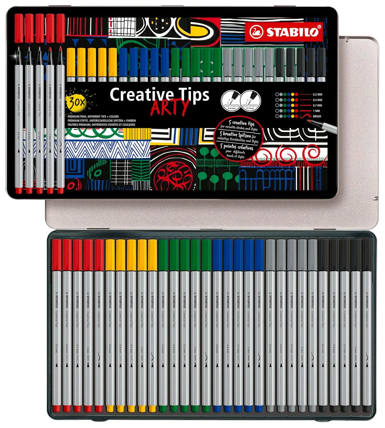 STABILO Multi Liner Set Creative Tips - Arty - 30 Metal Case - Classic - in 6 Mixed Colours