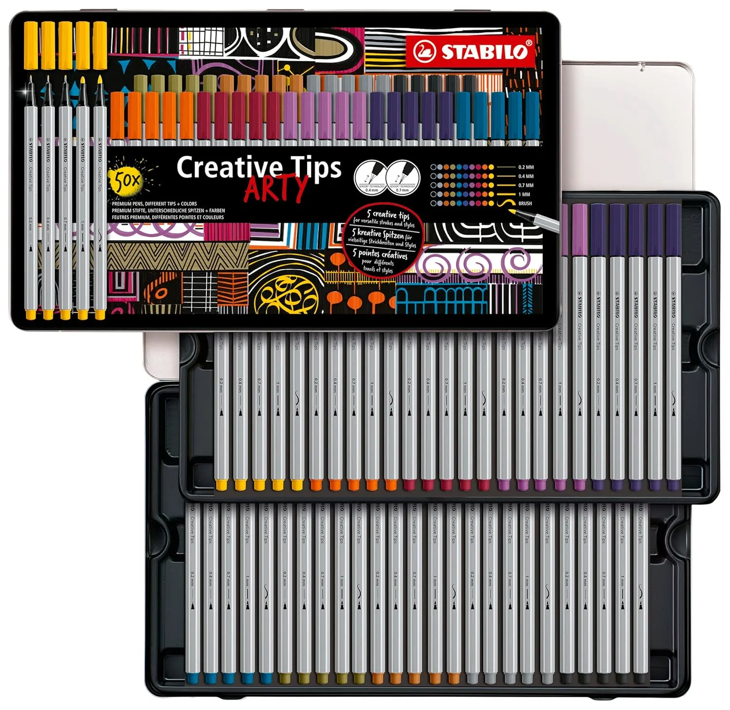 STABILO Multi Liner Set Creative Tips – Arty – 50 Metal Case – Urban – in 10 Mixed Colours