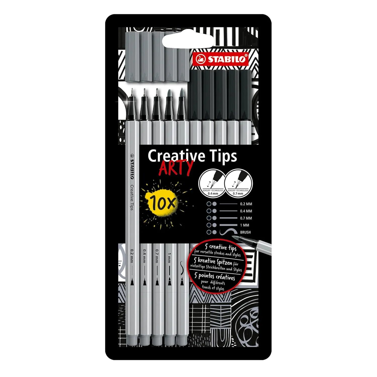 STABILO Multi Liner Set Creative Tips - Arty - Pack of 10 - Black, Medium Grey