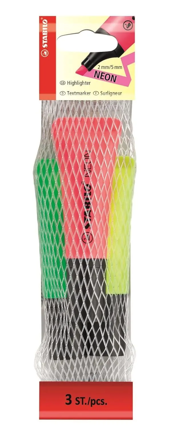 STABILO NEON Highlighter Pen | Yellow Green Pink | Pack of 3