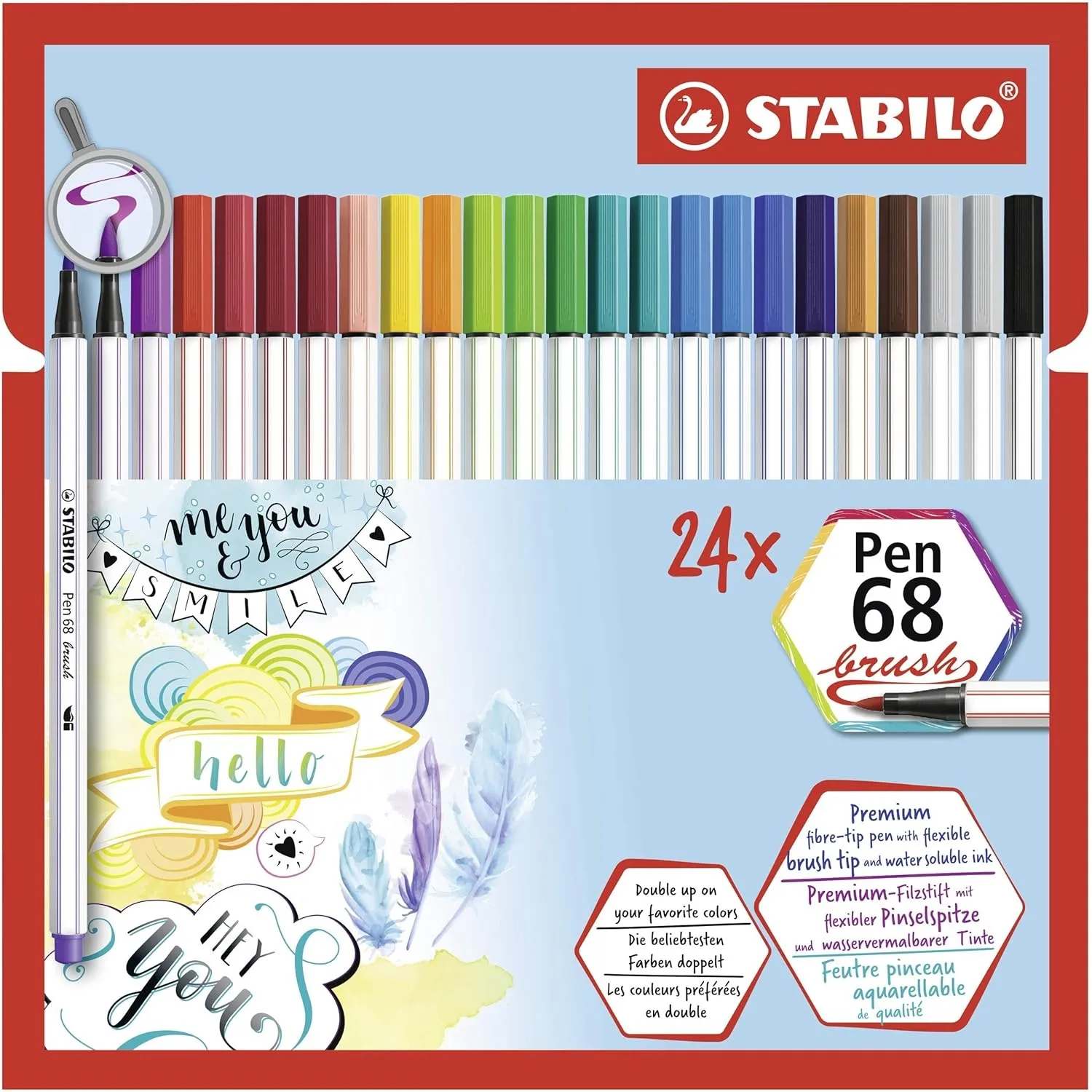 STABILO Pen 68 Brush - Premium Fibre-Tip Pen - Wallet of 24 Assorted Colours (EO568/24-211)