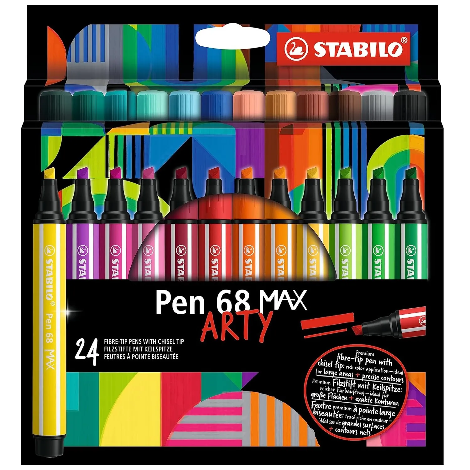 STABILO Pen 68 MAX - ARTY - Premium Fibre-Tip Pen with Chisel Tip - Pack of 24 - Assorted Colours