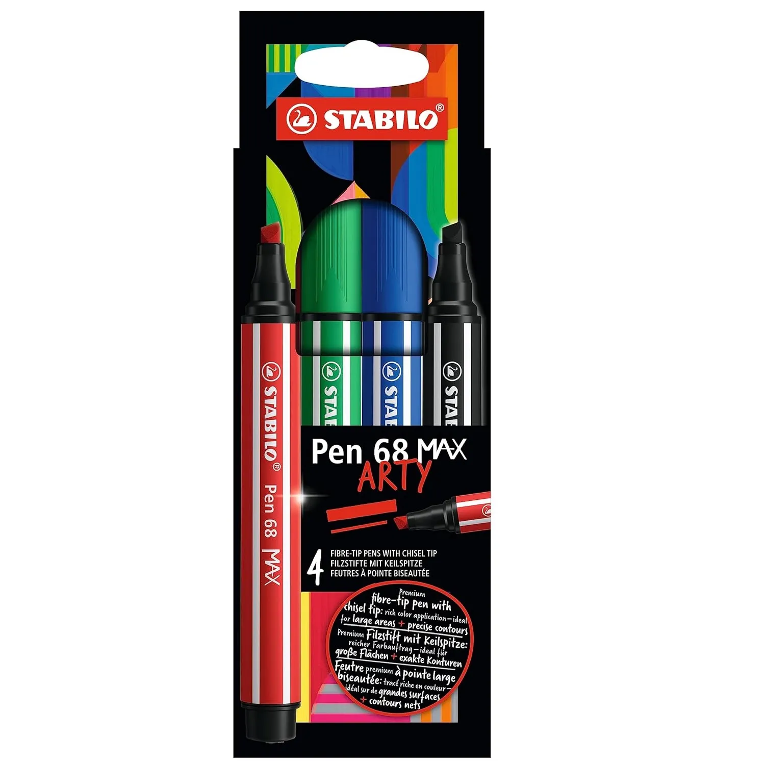 STABILO Pen 68 MAX - ARTY - Premium Fibre-Tip Pen with Chisel Tip - Pack of 4 - Assorted Colours