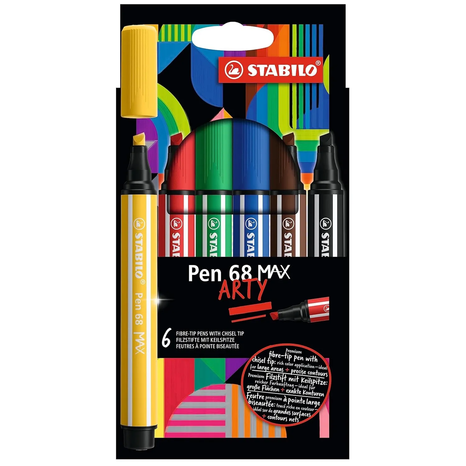 STABILO Pen 68 MAX - ARTY - Premium Fibre-Tip Pen with Chisel Tip - Pack of 6 - Assorted Colours