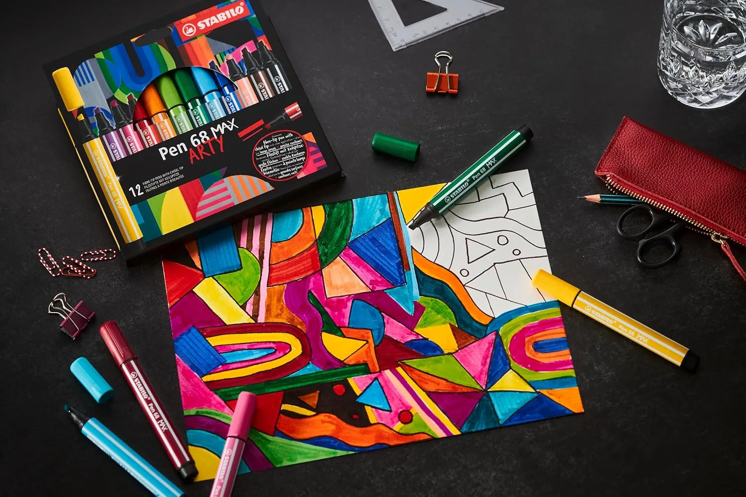 STABILO Premium Fibre-Tip Pen with Chisel Tip Pen 68 MAX - ARTY - Pack of 12 - Assorted Colours