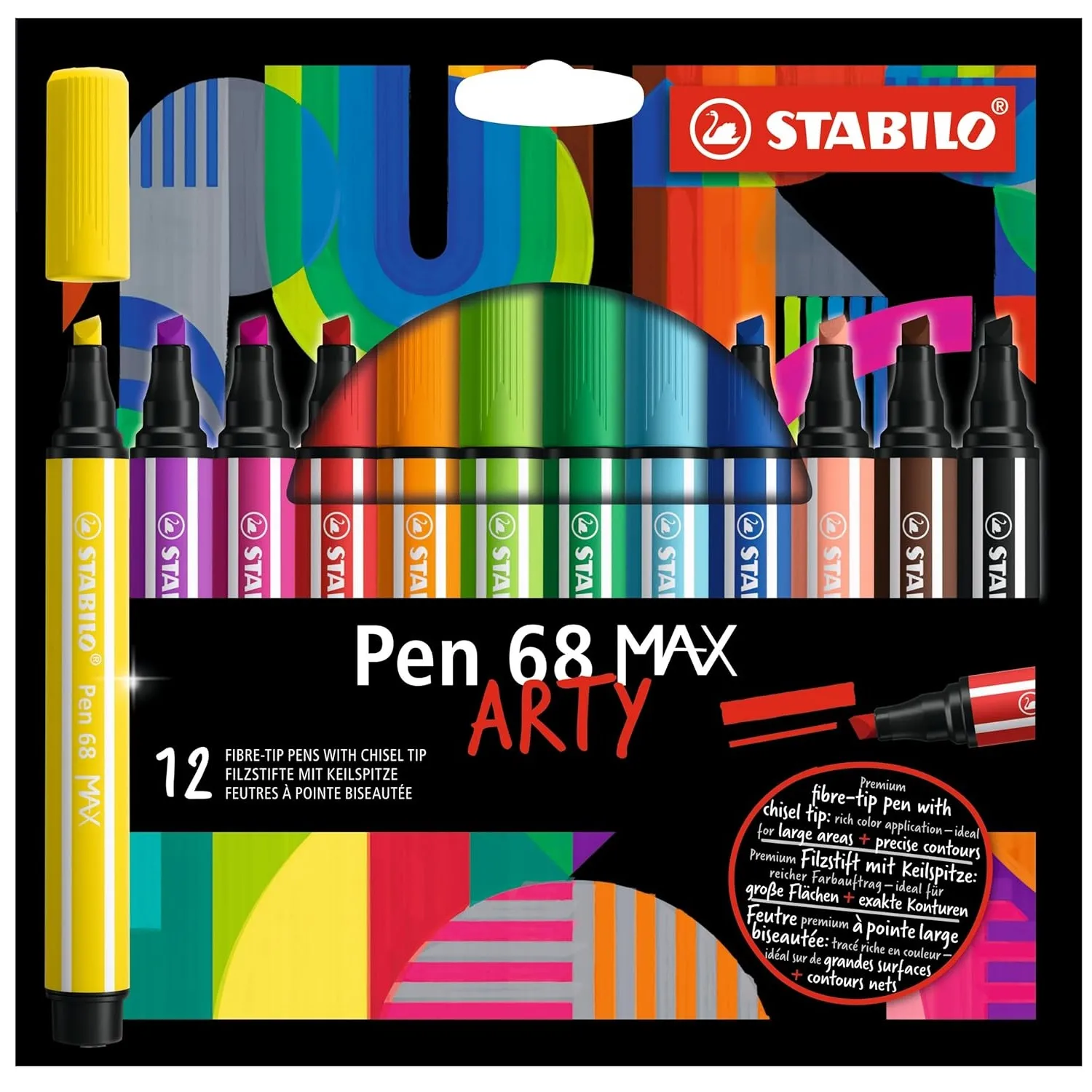 STABILO Premium Fibre-Tip Pen with Chisel Tip Pen 68 MAX - ARTY - Pack of 12 - Assorted Colours