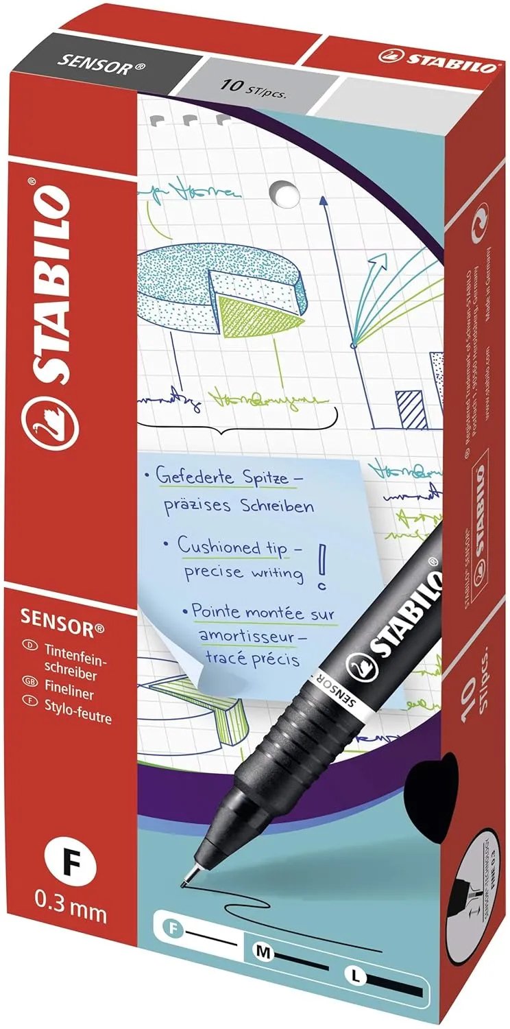 STABILO SENSOR F - Fineliner Pen - Box of 10 - Black