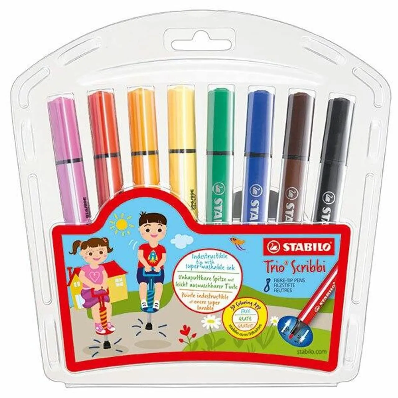 STABILO Trio Scribbi Colouring Fibre-Tip Pen - 8 Colours - Super-Washable Ink, Perfect for Artists, Scribblers, Drawing, Art