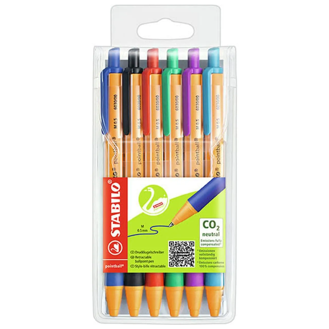 STABILO Ball Point Pens | Black Blue Green Lilac Red Turquoise | Pointball Pen Wallet | Set of 6 | Multicolored