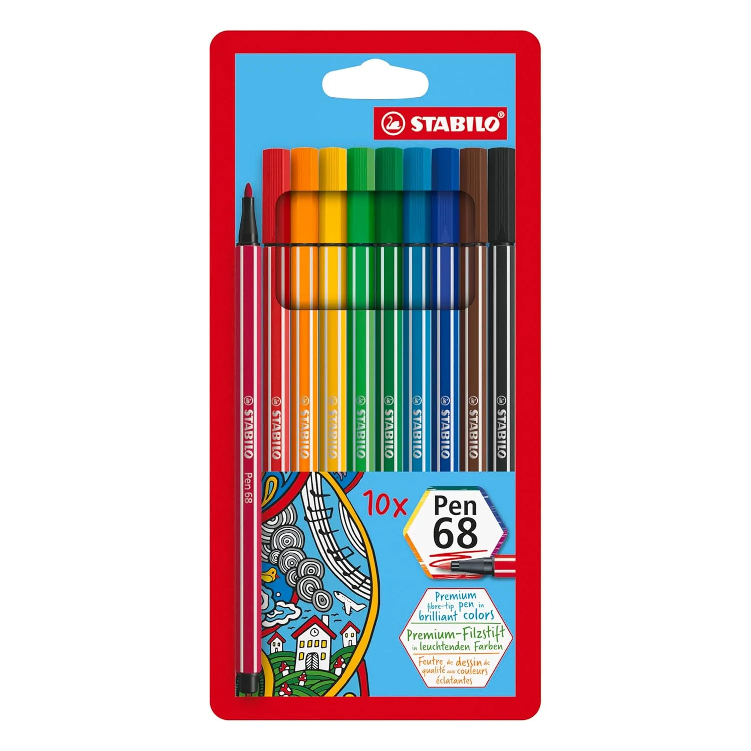 STABILO Pen 68 - Sketch Pen - Premium - Wallet of 10 (Assorted Colours)