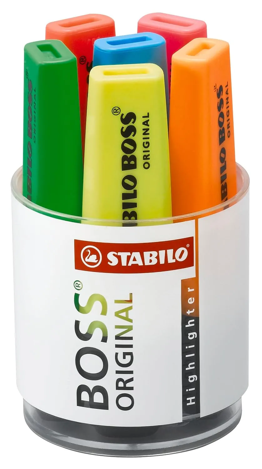 STABILO Highlighter BOSS ORIGINAL - Round Box of 6 Fluorescent Colours- Yellow, Green, Orange, Red, Pink, Blue