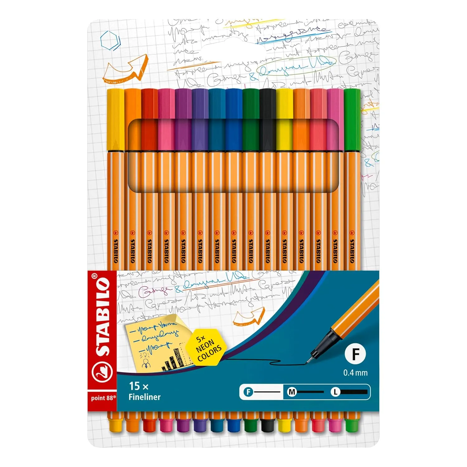STABILO point 88 - Fineliner - Wallet of 15 (Assorted Colours - Includes 5 Neon Colours)