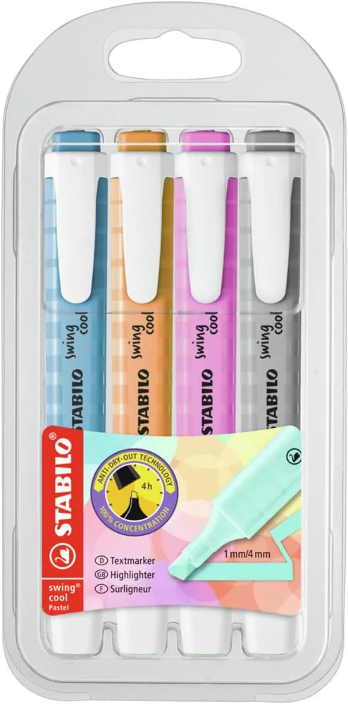 STABILO Swing Cool Highlighter Set, Set of 4, Fluorescent/Pastel