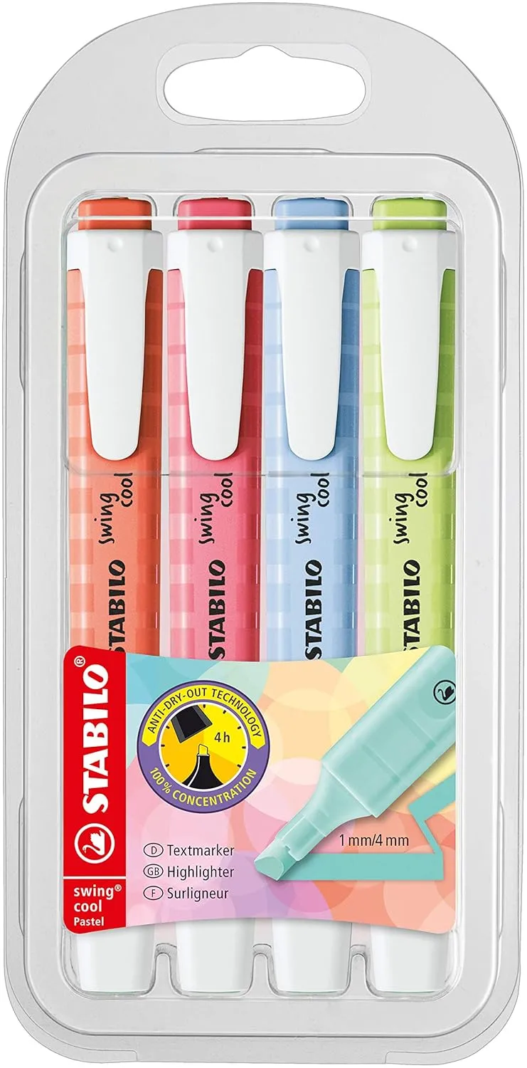 STABILO Swing Cool Pastel Highlighter Pen | Pack of 4 | Cherry Blossom Pink, Dash of Lime, Cloudy Blue, Mellow Coral Red