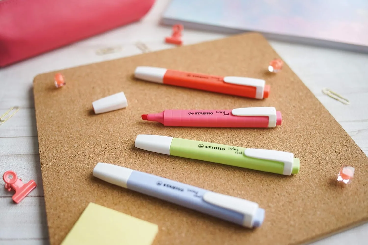 STABILO Swing Cool Pastel Highlighter Pen | Pack of 4 | Cherry Blossom Pink, Dash of Lime, Cloudy Blue, Mellow Coral Red
