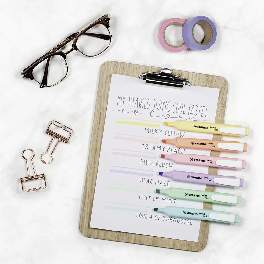 STABILO Swing Cool Pastel Highlighter Pen Set | Turquoise Mint Peach Pink Yellow Lilac | Pack of 6